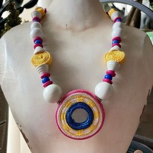 Multicolored Round Woven and Wood Beaded Necklace